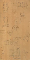 Seite aus einem Sammelalbum mit Zeichnungen und mehreren Architekturabdrücken, ca. 1800-1850. Schöpfer: Werkstatt von Charles Percier, Werkstatt von Pierre François Léonard Fontaine