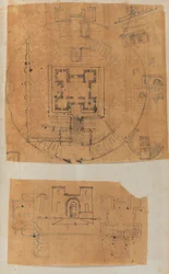Seite aus einem Sammelalbum mit Zeichnungen und mehreren Architekturabdrücken, ca. 1800-1850