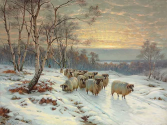 Ein Hirte mit seiner Herde in einer Winterlandschaft