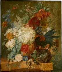 Stillleben mit Blumenstrauß und Vogelnest