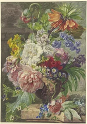 Stillleben mit Blumenstrauß und Vogelnest