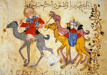 Kamelkarawane in der Wüste (Karawane). Miniatur aus den „Maqāmāt“ (Sitzungen) von Abū Muhammad al-Qāsim ibn Alī al-Harīrī (oder Al-Hariri oder Al Hariri) (1054-1122), 1237 illuminiert von Yahya Mahmud al-Wasiti (al Wasiti), Paris, B.N.