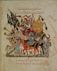 Ar 5847 f.94v, Karawane auf dem Weg nach Mekka aus „Die Maqamat“ („Die Zusammenkünfte“) von Al-Hariri, um 1240
