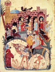 Der Bürger al-Harith und der wandernde Navigator Abu-Zayd kommen in eine Stadt, die Moschee und das Minarett, Handelsaktivitäten, Basare und Frauenarbeit werden beschrieben. Miniatur aus den Maqamat von Abu Mohammed al-Kasim ibn Ali Hariri
