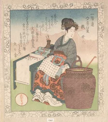 Nuji (japanisch: Joki; eine Dienerin, die Schriften daoistischer Weiser zusammenstellte); „Papier“ (Kami), aus Vier Freunde des Schreibtisches für den Ichiyō-Dichterkreis (Ichiyō-ren Bunbō shiyū). Aus der Sammlung Frühlingsregen (Harusame shū), Bd. 1