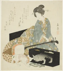 Frau mit Shamisen und Katze