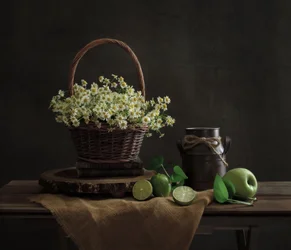 Rustikales Gänseblümchen-Stillleben