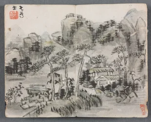 Miniaturalbum mit Figuren und Landschaft: Landschaft mit zwei Gebäuden