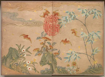 Schreibtischalbum: Blumen- und Vogelmalereien (Fledermäuse, Felsen, Blumen ovale Kalligraphie)
