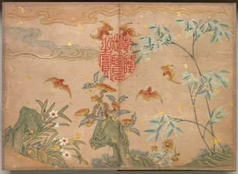 Schreibtischalbum: Blumen- und Vogelmalereien Fledermäuse, Felsen, Blumen ovale Kalligraphie, 18. Jahrhundert