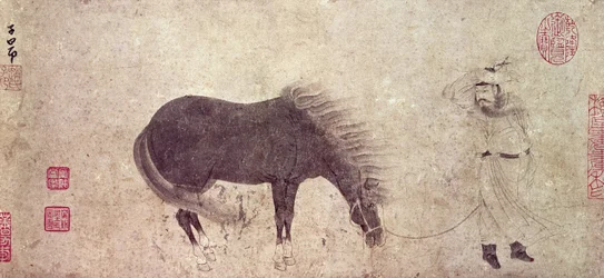 Pferd und Stallbursche im Winter