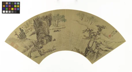 Landschaft mit Männern und Esel, die über einen Fluss übergesetzt werden