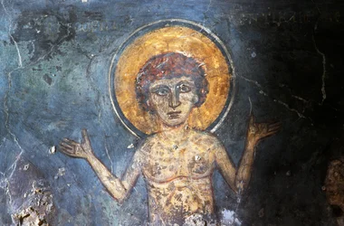 Christus, Fresko in der byzantinischen Kirche Agios Georgios Sfakiotis, Diavaide, Kreta, Griechenland