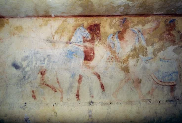Begräbnisprozession mit Pferden und männlichen Figuren, Fresko, Grab der Blauen Dämonen, Nekropole von Tarquinia (UNESCO-Welterbeliste, 2004), Latium, Italien, etruskische Zivilisation, 5. Jahrhundert v. Chr.