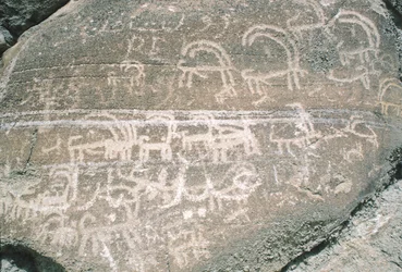 Felszeichnungen im Hunza-Tal, nahe dem archäologischen Gebiet von Karimabad, Pakistan