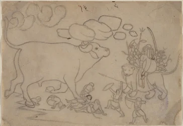 Durga konfrontiert den Büffeldämon Mahisha: Szene aus dem Devi Mahatmya
