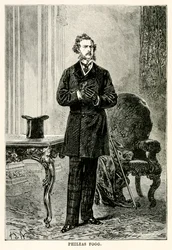 Phileas Fogg, aus In 80 Tagen um die Welt von Jules Verne, graviert von Louis Dumont, 1873