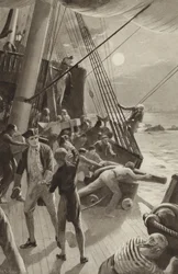 Das Schiff von Captain James Cook in Schwierigkeiten vor Cape Tribulation