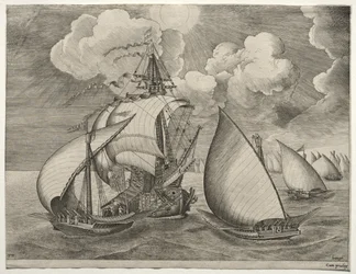 Segelschiffe: Eine Flotte von Galeeren eskortiert von einer Karavelle