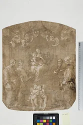 Madonna mit Kind und den Heiligen Petrus, Bernhard (oder Bruno), Jakobus, Augustinus und vier Engeln, Madonna del Baldacchino