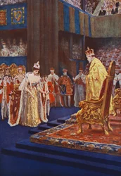 Königin Alexandra verneigt sich vor König Edward VII. auf dem Weg zu ihrem Thron