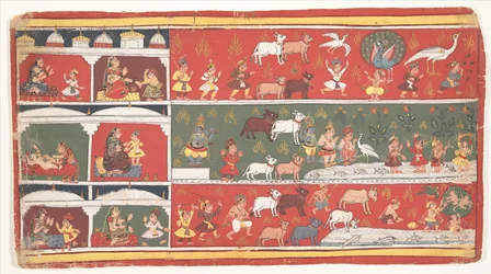Bakasura, der Kranichdämon, kommt in Brindavan an: Seite aus einem verstreuten Bhagavata Purana (Alte Geschichten von Lord Vishnu)
