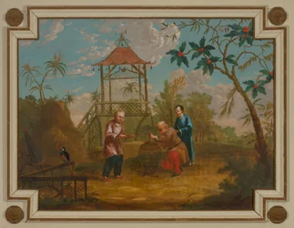 Oberlicht mit drei Figuren um einen Vogelkäfig