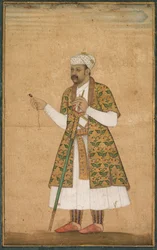 Ein Höfling, möglicherweise Khan Alam, hält einen Spinell und ein Deccan-Schwert