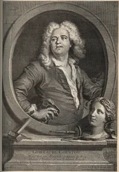 Porträt von Guillaume Coustou (1677-1746), französischer Bildhauer - Gravur von Larmessin nach J. de Lien.