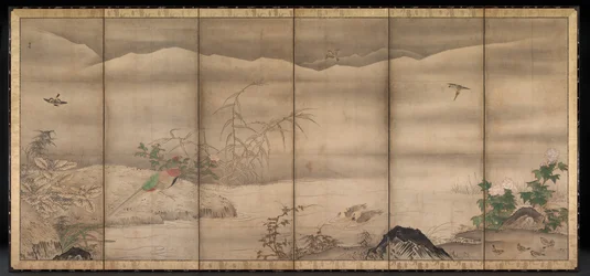 Vögel und Blumen in einer Landschaft der vier Jahreszeiten