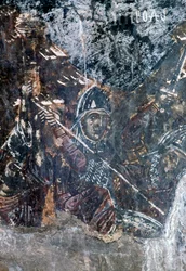 Soldat, beschädigtes Fresko an der Decke der Kirche von Agios Vasileios, Vavouledo, Kreta, Griechenland (Foto)