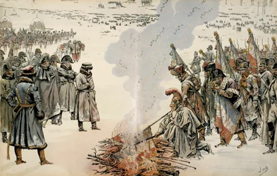 Russlandfeldzug (1812): Während des Rückzugs aus Russland befiehlt Napoleon I. Bonaparte (1769-1821), Fahnen und Adler zu verbrennen, um zu verhindern, dass der Feind sie erobert. In „Napoleon“ von Georges Montorgueil. Illustration von Jacques Marie Gaston