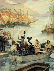 Abfahrt von Ajaccio auf Korsika am 15. Dezember 1778; Charles Bonaparte (1746-1785) segelte mit seinen Söhnen Joseph Bonaparte (1768-1844) und Napoleon I. Bonaparte (1769-1821) und seinem Schwager Joseph Fesch (1763-1839) nach Marseille, um nach Versailles