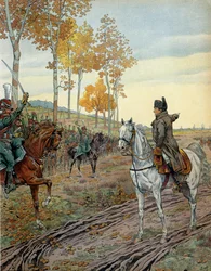 Kaiser Napoleon I. Bonaparte (1769-1821) sprach das zweite Regiment der berittenen Jäger im Jahr 1806 während des Feldzugs in Preußen (Deutschland) vor der Schlacht von Jena am 14. Oktober 1806 an. In „Napoleon“ von Georges Montorgueil. Illustration von Ja
