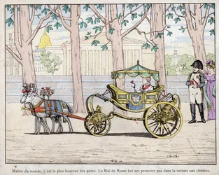 Kaiser Napoleon I. Bonaparte mit seinem Sohn Prinz Napoleon Franz Karl Joseph Bonaparte, der König von Rom Napoleon II. wurde, später auch Aiglon genannt - Napoleon beobachtet den König von Italien (Napoleon II.) bei seinen ersten Schritten in einem Ka