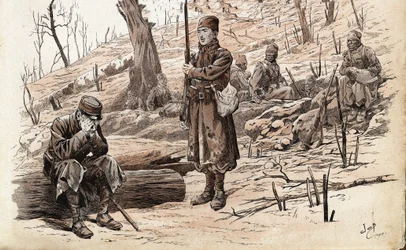 Erster Weltkrieg 1914-1918: Infanteriesoldat und senegalesische Tirailleurs der französischen Armee. Illustration von Job (Jacques Marie Gaston Onfray und Breville) (Jacques-Marie) (1858-1931) für das Buch "Les grands mots historiques du pays de France" 19