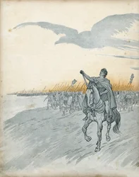 Gallischer Krieg: Gaius Julius Caesar (auch Jules César) (100-44 v. Chr.) und sein Heer fallen in Gallien ein. Der Schatten eines Adlers, Symbol des Römischen Reiches, erscheint am Himmel. In „Frankreich, seine Geschichte, erzählt von G. Montorgueil