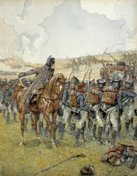 Deutscher Feldzug 1813: Napoleon I. Bonaparte (1769-1821) bei der Schlacht von Lützen am 2. Mai 1813 kommandierte seine Armee vor dem Sieg. In „Napoleon“ von Georges Montorgueil. Illustration von Jacques Marie Gaston Onfray de Breville dit JOB (1858-1931)