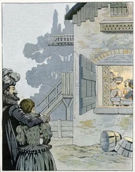 Heinrich IV. (1553-1610) und das Huhn im Topf: Der König beobachtet die Mahlzeit einer Bauernfamilie und möchte deren Lebensbedingungen dank des Huhns im Topf verbessern. In „Frankreich, seine von G. Montorgueil erzählte und von Job bebilderte