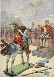 Geschichte Frankreichs. Szene aus dem römischen Gallien mit Spielzeug: Der gallische Anführer Vercingetorix (72-46 v. Chr.) begibt sich nach der Schlacht von Alesia im Jahr 52 v. Chr. zum römischen Feldherrn Julius Cäsar (100-44 v. Chr.). In „Spielen wir