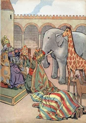 Geschichte Frankreichs. Szene aus dem Leben Karls des Großen in Spielzeug: Kalif Harun al-Raschid schenkt dem König von Frankreich Karl dem Großen (742-814) eine Giraffe, einen Elefanten und eine Uhr. In „Joujoux à l