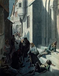 Geschichte Frankreichs im Mittelalter: François de Montcorbier bekannt als François Villon (1431-1463?), Dichter, der seine Werke in der Armut der Straßen von Paris verfasst. Illustration von Jacques Marie Gaston Onfray de Bréville dit JOB (1858-1931)