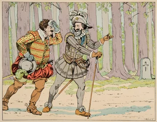Illustration aus dem Buch „Le bon roy Henri“, illustriert von Jacques Marie Gaston Onfray de Breville dit JOB (1858-1931): Henri IV gewährt Charles de Lorraine (1554-1611) Herzog von Mayenne seine Vergebung, nachdem er ihn zu einer kleinen Übung gezwungen 