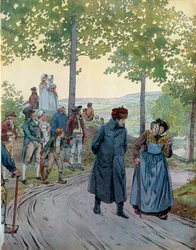 In Tarare, Kaiser Napoleon I. Bonaparte (1769-1821) unterhält sich mit einem alten Mann, der den Kaiser nicht erkannte