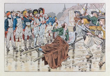 Jacques Marie Gaston Onfray de Breville dit JOB (1858 - 1931); Illustration aus dem Buch „Les épées de France“: Der Marquis de Bonchamps, tödlich verwundet nach der Schlacht von Cholet im Jahr 1793, rettet republikanische Gefangene aus den Händen der Choua