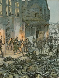 Geschichte Belgiens: In der Nacht vom 27. auf den 28. Oktober 1468 überraschen sechshundert Franchimontonis die französischen Soldaten von Karl dem Kühnen (1433-1477) und Ludwig XI. (1423-1483) in ihrem Lager