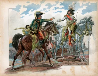 Joachim Murat (1767-1815) und General Antoine Charles Louis de La Salle (Lasalle) (1775-1809) während der Schlacht bei Heilsberg 1807. Gravur von Jacques Marie Gaston Onfray de Breville dit Job (1858-1931)