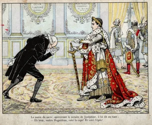 Napoleon und der Notar Raguideau am Morgen der Krönung 1804 - Lithografie von Job (Jacques Onfroy de Bréville) aus „Le Grand Napoléon des Petits Enfants“, 1893