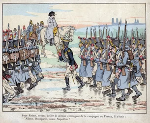 Napoleon betrachtet das letzte Kontingent der Armee auf dem französischen Land nahe Reims, 16. März