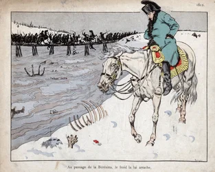 Napoleon beobachtet die Überreste seiner Großen Armee, die den Fluss Beresina auf dem Rückzug aus Moskau überqueren.